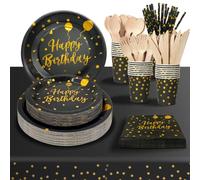 PYAILI Compleanno Stoviglie Oro Nero 193 Pezzi Set Include Piatti, Tovaglioli, Tazze di Carta, Adatto a Tutti i tipi di Feste a Tema -24 Ospiti