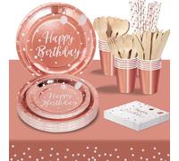 PYAILI Compleanno Stoviglie Oro Rosa 193 Pezzi Set Include Piatti, Tovaglioli, Tazze di Carta, Adatto a Tutti i tipi di Feste a Tema -24 Ospiti
