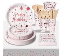 PYAILI Compleanno Stoviglie Oro Rosa Bianco 193 Pezzi Set Include Piatti, Tovaglioli, Tazze di Carta, Adatto a Tutti i tipi di Feste a Tema -24 Ospiti