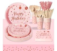 PYAILI Compleanno Stoviglie Rosa e Rosa Oro 193 Pezzi Set Include Piatti, Tovaglioli, Tazze di Carta, Adatto a Tutti i tipi di Feste a Tema -24 Ospiti