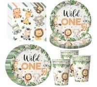 PYAILI Set 52 pezzi tema animali bosco Piatti, bicchieri e tovaglioli per feste Wild One, per 16 ospiti
