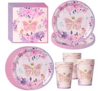 PYAILI Set 52 pezzi tema farfalle lavanda Piatti, bicchieri e tovaglioli per decorazione compleanno magica con motivi floreali, per 16 ospiti
