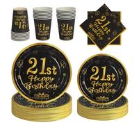 PYAILI Set di stoviglie monouso per compleanno 21 anni, 96 pezzi per 24 ospiti, comprende piatti di carta, bicchieri di carta e tovaglioli, perfetto per feste e ogni tipo di celebrazione.