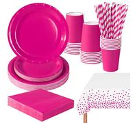 PYAILI Stoviglie per Feste 121 Pezzi Rosso Rosa Festa della Addobbi Ragazza di Compleanno dei Dambini Articoli per Feste Set Include Piatto Carta Party Tazze Tovaglioli -24 Ospiti