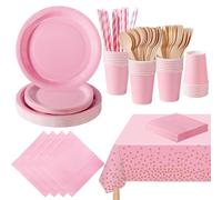 PYAILI Stoviglie per Feste 169 Pezzi Rosa Chiaro Festa della Addobbi Ragazza di Compleanno dei Dambini Articoli per Feste Set Include Piatto Carta Party Tazze Tovaglioli -24 Ospiti
