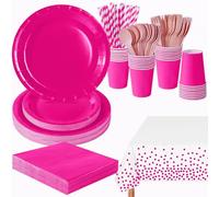 PYAILI Stoviglie per Feste 169 Pezzi Rosso Rosa Festa della Addobbi Ragazza di Compleanno dei Dambini Articoli per Feste Set Include Piatto Carta Party Tazze Tovaglioli -24 Ospiti