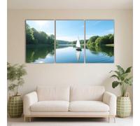 PYBILDCYJ Quadro su Tela Artistico Set da 3 Quadro trittico su Tela Lago sereno con vela e foresta Decorazione Moderna Incorniciata, Ideale come Regalo (50 x 75cm x3)
