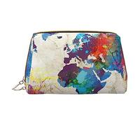 PYCAHENK Borsa cosmetica portatile in pelle stampata con motivo cane borsa cosmetica borsa da viaggio borsa da toilette borsa pochette, Mappa del mondo astratta, Taglia unica