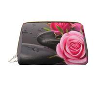 PYCAHENK Borsa cosmetica portatile in pelle stampata teschio rosa borsa cosmetica borsa da viaggio borsa da toilette pochette, Spa Pietra E Rose Fiori, Taglia unica