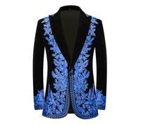 PYJTRL Blazer di Velluto Nero degli Uomini con Rami Floreali Piante Ricamo Slim Fit Cappotti per Feste di Banchetto di Nozze,Blue,XS