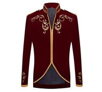 Pyjtrl Elegante giacca da uomo in stile principe di corte, in velluto nero con ricamo dorato, Rosso vinaccia, XL