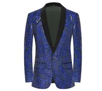 PYJTRL Giacca da Uomo con Paillettes Lucide Giacca Classica da Abito Floreale Moda, Adatta per Feste, Matrimoni, Banchetti, Balli,Blue,XS