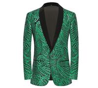 PYJTRL Giacca da Uomo con Paillettes Lucide Giacca Classica da Abito Floreale Moda, Adatta per Feste, Matrimoni, Banchetti, Balli,Green,XL