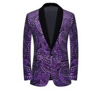 PYJTRL Giacca da Uomo con Paillettes Lucide Giacca Classica da Abito Floreale Moda, Adatta per Feste, Matrimoni, Banchetti, Balli,Purple,XS