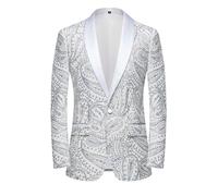PYJTRL Giacca da Uomo con Paillettes Lucide Giacca Classica da Abito Floreale Moda, Adatta per Feste, Matrimoni, Banchetti, Balli,White,L