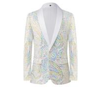 PYJTRL Giacca da Uomo con Paillettes Lucide Giacca Classica da Abito Floreale Moda, Adatta per Feste, Matrimoni, Banchetti, Balli,Colorful White,3XL