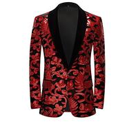 PYJTRL Giacca da Uomo in Velluto con Paillettes con Motivo Floreale (Rosso, 3XL)