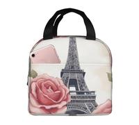 Pyjwyfmy Borsa per il pranzo isolata con stampa di fiori di rosa della Torre Eiffel, scatola leggera per il pranzo con un foglio di alluminio spesso