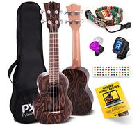 Pyle, 4-String Learn to Play Kit-Solid Wood Mogano Soprano Ukulele Strumento professionale di alta qualità con corpo marrone fiammato, tastiera in noce nero e ponte PUKT5580
