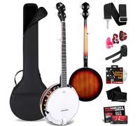Pyle Banjo Kit with Remo Head and Sapele Resonator, 39" Full Size Traditional Open or Closed Back 5 String Instrument with 24 Brackets, Geared 5th Tuner, Premium Accessory Kit (Sun Burst)