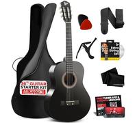 Pyle Kit per chitarra acustica per principianti, 91,4 cm, 3/4, struttura in legno, corde in nylon, capotasto, custodia, tracolla, set di corde extra, chitarre per adulti e ragazzi, nero lucido