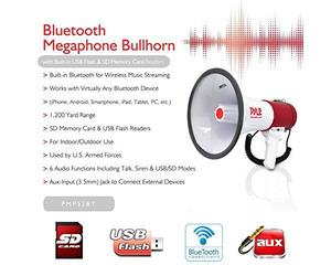 PYLE PMP52BT MEGAFONO PROFESSIONALE BIANCO E ROSSO DA 50 WATT MAX CON FUNZIONE DI SIRENA AMERICANA UDIBILE FINO A 1100 METRI CON INGRESSO USB SD CARD JACK 3,5 MM AUX BLUETOOTH INTEGRATO