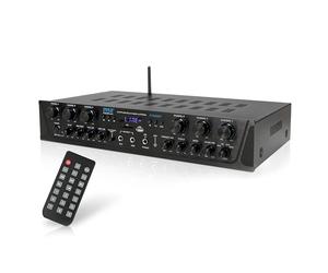 Pyle Sistema Amplificatore Audio Wireless per Casa, Ricevitore Stereo Bluetooth, 6 Canali, 600 Watt, LCD Digitale, Jack Cuffie, Microfono 6.35mm, USB, SD, AUX, RCA, Radio FM