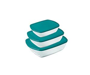 Pyrex® - Cook & Store - Set di 3 piatti rettangolari in vetro con coperchi (0,4 l, 1,1 l e 2,5 l) - Senza BPA