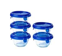 Pyrex® - Set di 5 barattoli rotondi in vetro con coperchi blu ermetici e impermeabili - 0,2L - Senza BPA
