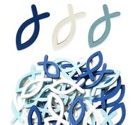 PYRUVAE 100 Pezzi Pesciolini in Legno per Decorazioni Battesimo Comunione e Cresima - Eleganti Segnaposto e Centrotavola per Tavolo, Addobbi per Festa Bimbo, Colori Bianco Azzurro e Blu Scuro, 40g