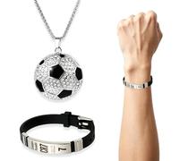 PYRUVAE 2 Pezzi Set Gioielli Calcio con Collana Ciondolo Pallone e Braccialetto Numero 7, Accessori Sportivi in Acciaio e Silicone, Regalo per Tifosi e Bambini, Argento e Nero