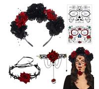 PYSEOSISE Cerchietto Giorno Dei Morti, Giorno dei Morti Rose Cerchietto, Fascia per Capelli Messicana con Collana Braccialetto e Tatuaggi Facciali per Donna Cosplay Feste