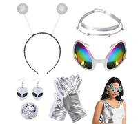 PYSEOSISE Costume Alieno Donna, 6 Pezzi Alien Costume Accessori, Costumes da Alieno con Cerchietto Occhiali Collana Orecchini Guanti per Feste Halloween Carnevale Cosplay