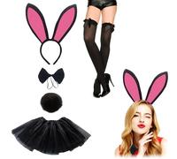 PYSEOSISE Costume da Coniglietto, 5 Pezzi Costume da Coniglio Donna, Accessori Bunny con Cerchietto Orecchie Coniglio Coda Papillon Gonna Tulle Calze a Rete per Party