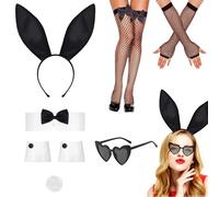 PYSEOSISE Costume da Coniglietto, 7 Pezzi Costume da Coniglio Donna, Cerchietto Orecchie Coniglio con Papillon Polsini Coda Occhiali Guanti e Calze per Halloween Cosplay Festa