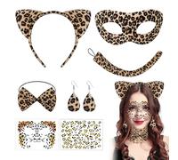 PYSEOSISE Costume Leopardo, 7 Pezzi Costume Leopardato Donna, Cerchietti con Orecchie di Leopard Maschera Leopardata Papillon Coda Tatuaggi per il Viso per Halloween Cosplay Party