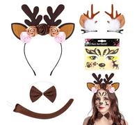 PYSEOSISE Costume Renna Donna, 5 Pezzi Costume da Renna, Cerchietto con Corna di Cervo Fermagli per Capelli con Corna e Papillon Coda Tatuaggi per il Viso per Natale Halloween Party