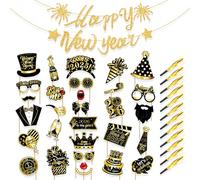 PYSEOSISE Decorazioni Capodanno 2026, 42 Pezzi Accessori Photo Booth Capodanno, Nero e Oro Happy New Year Photo Booth Props Bandierine Capodannos Gadget per Festa di Capodannos