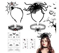 PYSEOSISE Fascia per Capelli di Halloween, 2 Pezzi Fascia per Ragno con Collana e Tatuaggi, Cerchietto Halloween Fasce di Ragno per Donna Carnevale Cosplay Feste