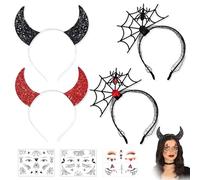 PYSEOSISE Fascia per Capelli di Halloween, 4 Pezzi Fasce per Capelli con Tatuaggi, Cerchietto con Corna da Diavolo Fasce di Ragnatela per Donna Festa Halloween Mascherata Cosplay