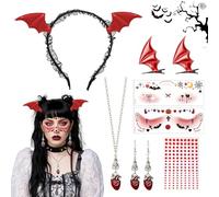 PYSEOSISE Fascia per Capelli di Halloween, Cerchietto per Capelli a Pipistrello, Cerchietto da Pipistrello e Fermagli per Capelli a Pipistrello con Collana Orecchini e Tatuaggi