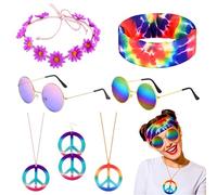PYSEOSISE Hippie Costume Set, 7 Pezzi Accessori Hippie Donna, 60 70 Accessori con Cerchietto a Margherita Fascia Batik Occhiali Tondi Collana e Orecchini con Segno di Pace