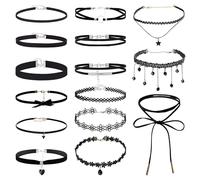 PYSEOSISE Nero Collana Girocollo, 15 Pezzi Choker Donna, Eleganti Girocollo Pizzo Collana Gotica Nero Choker Collane per Donna Quotidiano e Halloween Party Cosplay