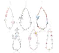 PYSEOSISE Perline Cordino per Cellulare, 6 Pezzi Cellulare Catena Perline Breve, Farfalle e Fiori Catena per Cellulare Breve Ciondolo Universale per Tutti i Casi di Telefono Cellulare