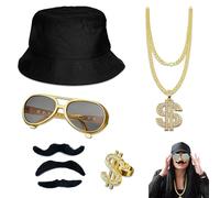 PYSEOSISE Set Costume Hip Hop, 5 Pezzi Accessori Rapper, Anni '80 '90 Accessori Rapper Costume con Cappello a Secchiello Collana Dollaro Anello Dollaro Occhiali Hip Hop e Barba Finta