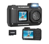 Pyugxab Fotocamera Impermeabile 4K 65MP Fotocamera Subacquea con Scheda 64G, per Snorkeling Autofocus Selfie Doppio Schermo Nero