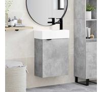 Pyvara Mobile sottolavabo da bagno grigio cemento con lavabo e miscelatore nero, comò in legno con vano portaoggetti, porta reversibile, scarico a pressione, montaggio a parete per bagno ospiti WC