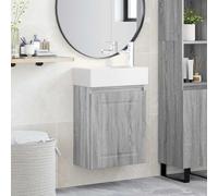 Pyvara Mobile sottolavabo da bagno grigio Sonoma con lavabo in ceramica e rubinetto miscelatore, montaggio a parete con vano portaoggetti, porta reversibile, mobile moderno per ospiti WC e lavanderia