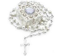 PYXGAR Rosario Cattolico per Prima Comunione con Croce Vintage - Include Medaglia Arcangelo, Sacchetto Regalo in Velluto, Ideale per Battesimo, Matrimonio e Cerimonie Religiose
