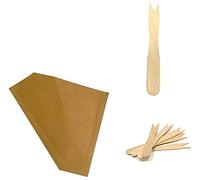 PZ 100 CONI PORTA FRITTI PATATINE PANINO HAMBURGER + PZ 1000 FORCHETTINE IN LEGNO 8,5 CM